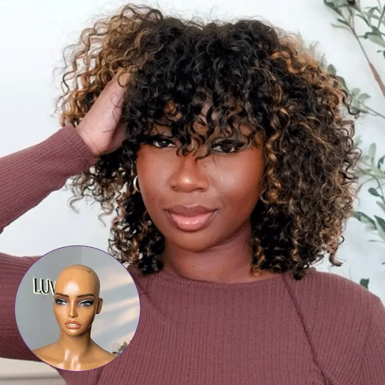 1 SEC INSTALL WIG | Brown Highlight / Natural Black Water Wave Natural Scalp Glueless Minimalist Lace Short Curly Wig with Bangs