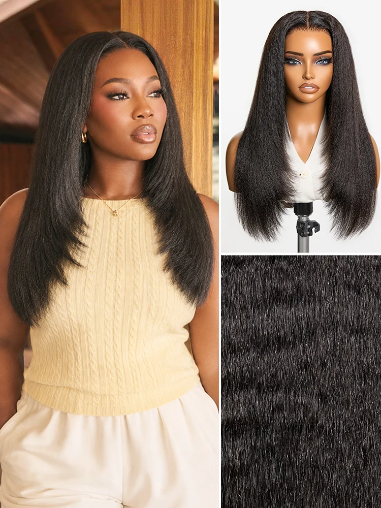 180% Density Light Kinky Straight Butterfly Cut Layered / Kinky Body Wave Glueless 7x6 Closure HD Lace Wig Pre-Cut Lace